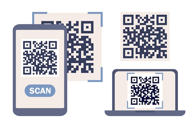 QR code icon set. Phone and laptop with qr code on screen. Scanning code by smartphone.