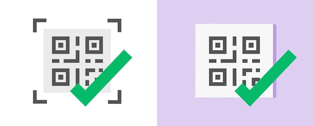 Icona del codice qr verifica del passaggio del vettore o concetto di scansione con un'immagine grafica a cartoni animati piatta con segno di spunta verde