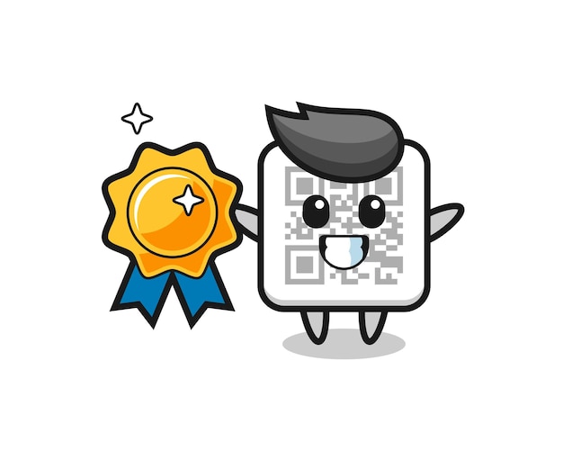 Qr code mascot illustration holding a golden badge , cute design