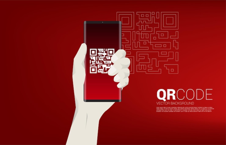Vector qr code on mobile phone in hand. concept for e-commerce and retail shopping.