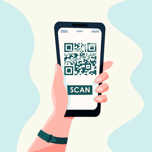 Сканирование мобильного телефона с QR-кодом на экране. в руке на белом фоне. Плоский стиль