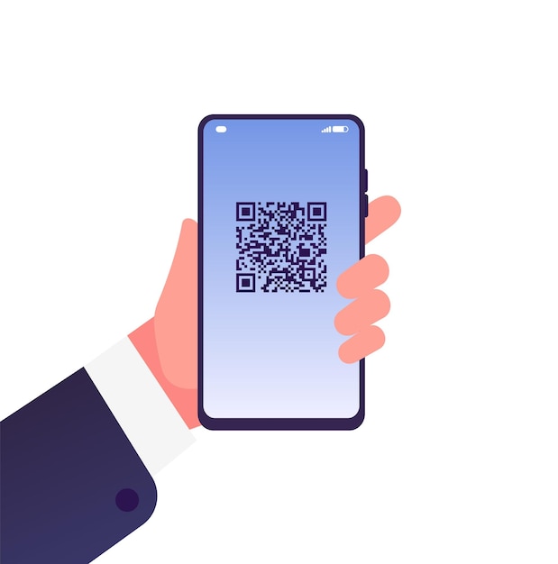 화면의 Qr 코드 개인 Id 바코드가 있는 스마트폰 플랫 휴대폰 온라인 식별 벡터 개념