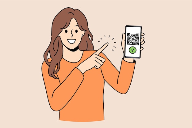 Qr-код и концепция онлайн-платежей Молодая женщина стоит, указывая на экран смартфона с qr-кодом