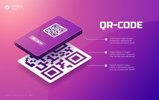 Qr code on phone scan me coding for mobile app payment isometric smartphone mock up with identification barcode scanning concept vector banner