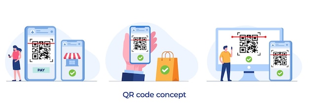 QR 코드, 스캔 바코드 기술, 배너 및 배경에 대한 온라인 결제 평면 벡터 일러스트