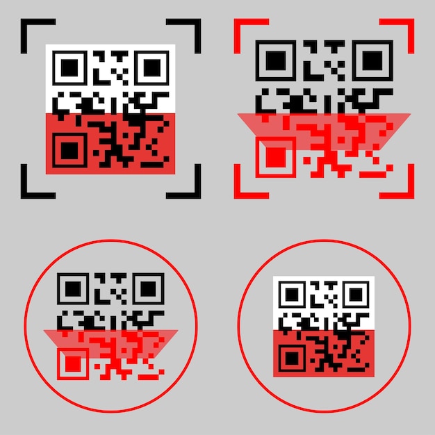 qr code scan icons. qr code button application with red line scanning icon template. vector qr code sample for smartphone scanning isolated on grey background. app for web and mobile systems interface