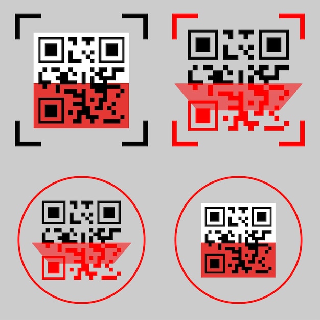 Icone di scansione del codice qr. applicazione del pulsante codice qr con modello di icona di scansione della linea rossa. esempio di codice qr vettoriale per la scansione di smartphone isolato su sfondo grigio. app per interfaccia web e sistemi mobili