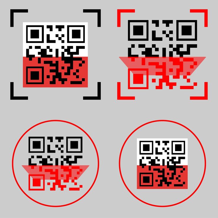 Vector qr code scan icons. qr code button application with red line scanning icon template. vector qr code sample for smartphone scanning isolated on grey background. app for web and mobile systems interface
