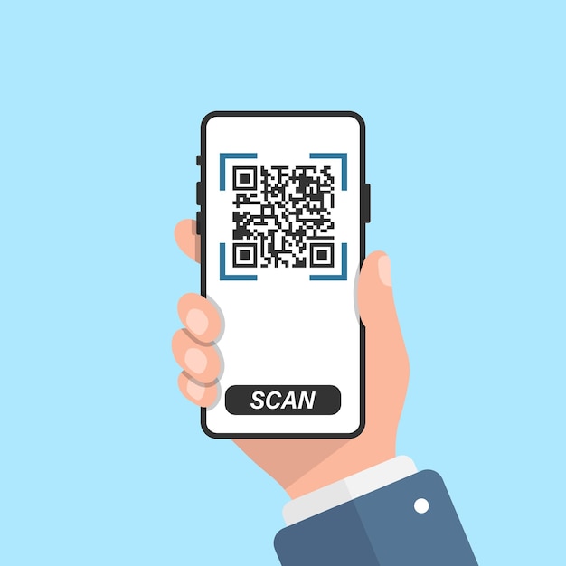 QR code scan illustration in flat style Mobile phone scanning vector illustration on isolated background Barcode reader in hand sign business concept