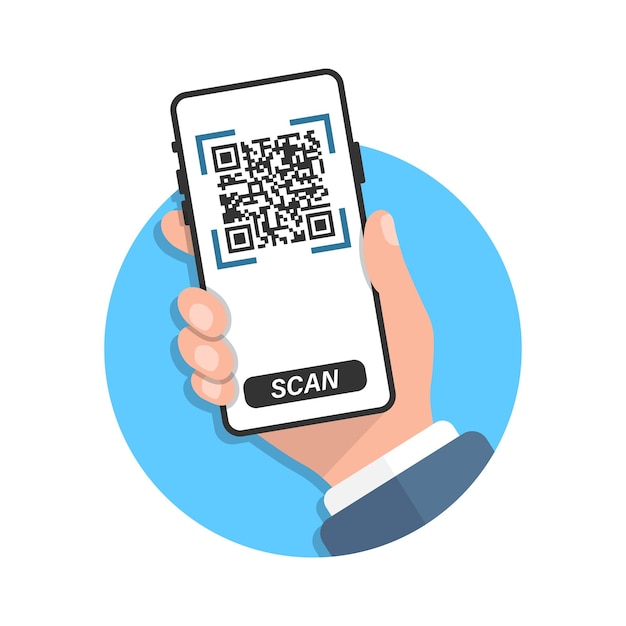 QR code scan illustration in flat style Mobile phone scanning vector illustration on isolated background Barcode reader in hand sign business concept