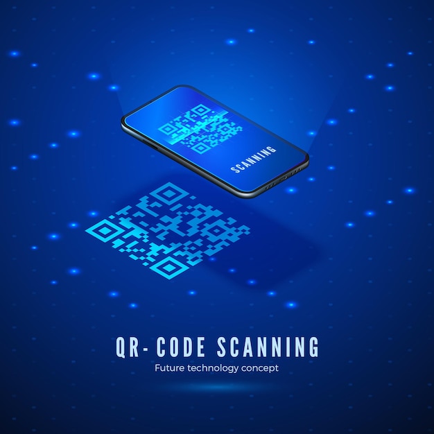 QR 코드 스캔 아이소 메트릭 개념. 화면에 디지털 바코드를 스캔하는 휴대 전화.