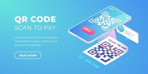 배너를 지불하는 qr 코드 스캔. 3d qr 지불 아이소메트릭 벡터입니다. 비접촉식 현금결제 전자결제