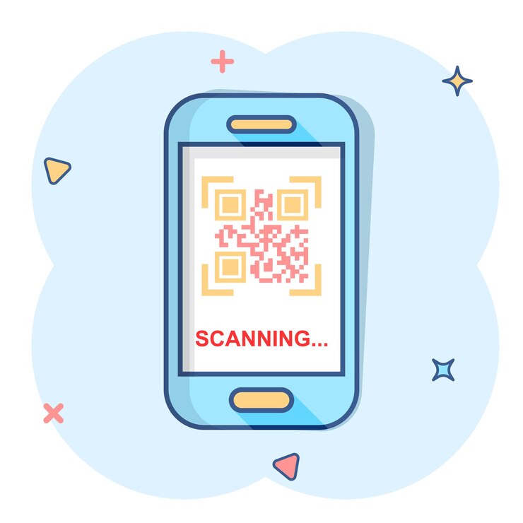 Vector qr code scan phone icon in comic style scanner in smartphone vector cartoon illustration on white isolated background barcode business concept splash effect