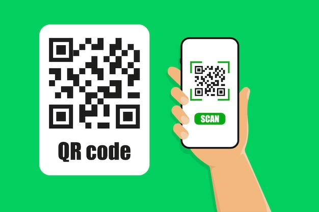 스마트폰으로 QR 코드 스캔 스마트폰을 들고 qr 코드를 스캔하는 손 전자 디지털 기술 벡터 일러스트 레이 션 플랫 스타일