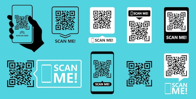 QR code scan for smartphone. Qr code frame vector set. Template scan me Qr code for smartphone. QR code for mobile app, payment and phone. Scan me phone tag. Vector illustration.