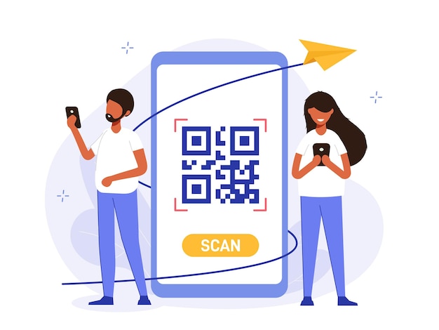 QR 코드 스캐너 그림 개념 QR 코드를 스캔하는 큰 전화기 옆에 서 있는 남자와 여자