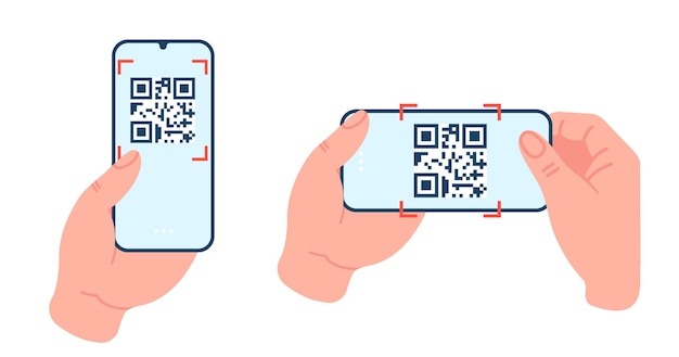 QR-code scannen op het scherm van de telefoon Smartphone-applicatie Armen die mobiel vasthouden Digitale streepjescode-identificatie Online betalingsservice Informatiescan Vector telefoonscanners ingesteld