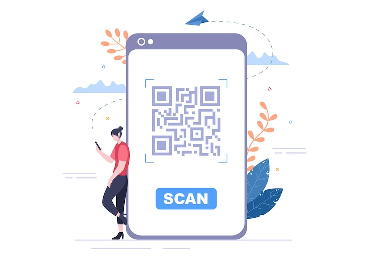 Vector qr code scanner for online payment, electronic pay and money transfer on smartphone with app in hand. background vector illustration