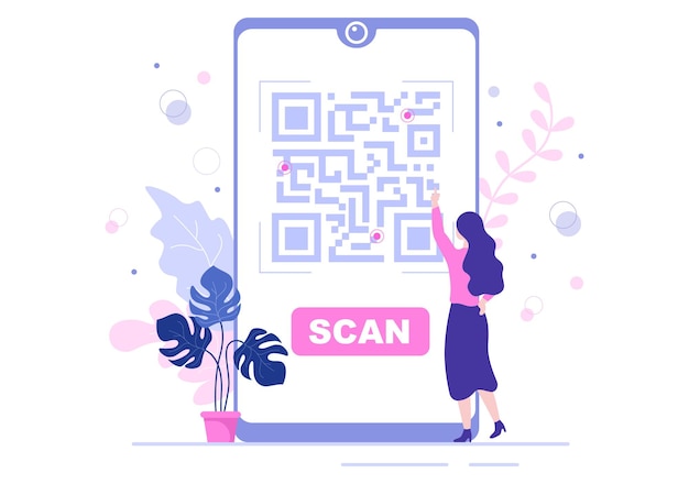 앱을 들고 스마트폰에서 온라인 결제, 전자 결제 및 송금을 위한 QR 코드 스캐너. 배경 벡터 일러스트 레이 션