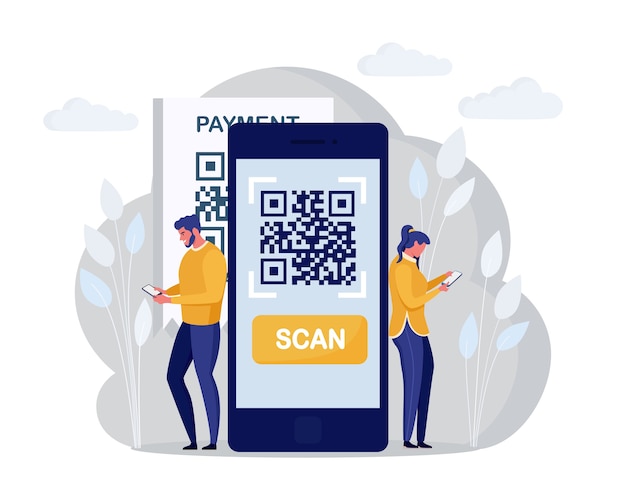 QR code scanning concept. Characters use mobile phone, scan barcode for online payment. Digital money app. cartoon design