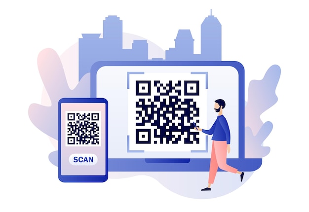 Qr code scanning concept tiny male scan code using smartphone and laptop modern flat cartoon style