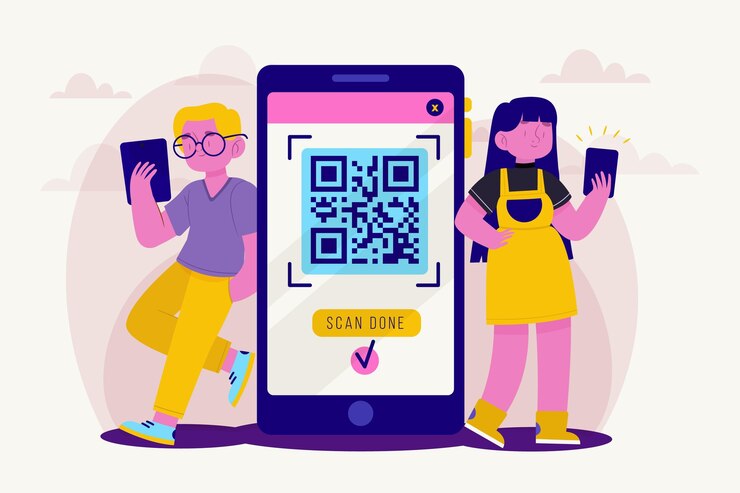 Vector qr code scanning concept with characters