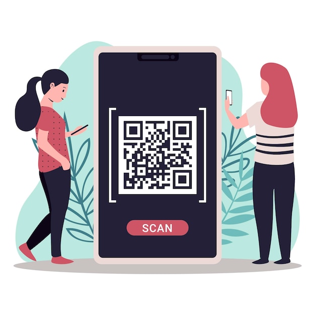 Vector qr code scanning concept with characters