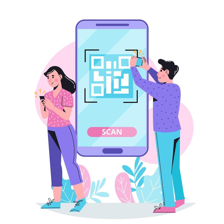 Vector qr code scanning concept with characters