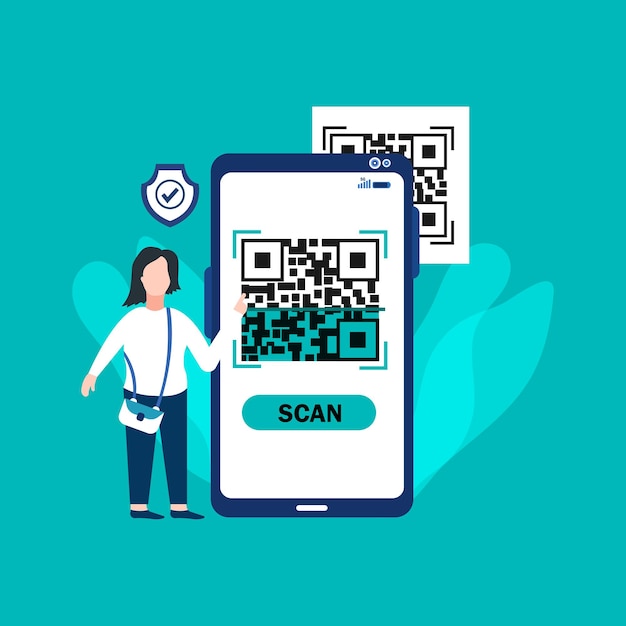 Концепция сканирования QR-кода с женщинами, сканирующими код с помощью смартфона