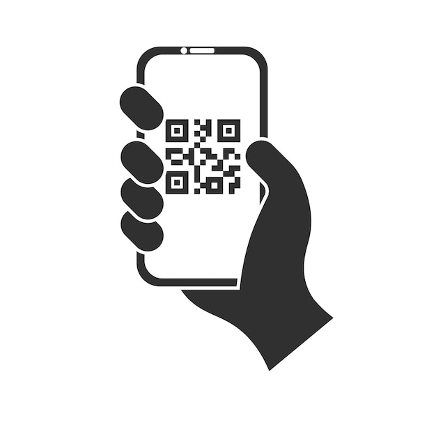 Значок сканирования QR-кода в руке смартфона, держащей мобильный телефон в линейном стиле, промо-сканер штрих-кода для мобильного приложения в стиле линии за плату