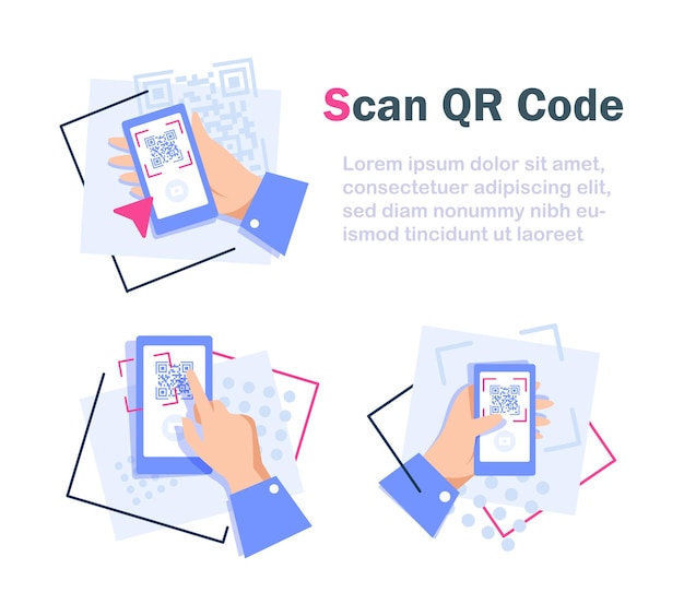 Процесс сканирования QR-кода, код и текст на экране, рука держит смартфон