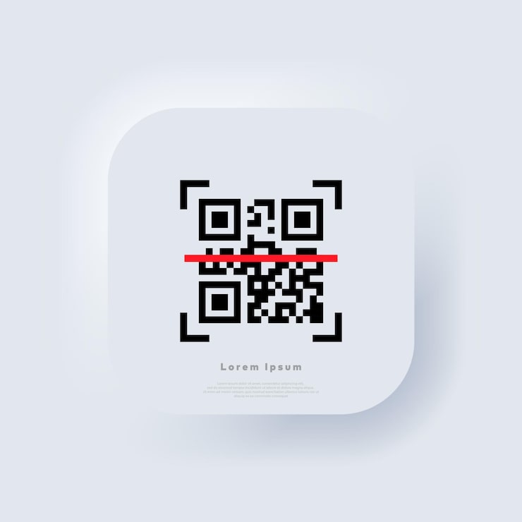 Vector qr code scanning. scan me. read bar code, mobility, generating app, coding. recognition or reading qr code in flat style. neumorphic ui ux white user interface web button. neumorphism. vector eps 10.