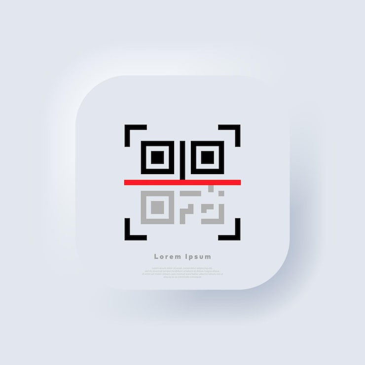 Vector qr code scanning. scan me. read bar code, mobility, generating app, coding. recognition or reading qr code in flat style. neumorphic ui ux white user interface web button. neumorphism. vector eps 10.