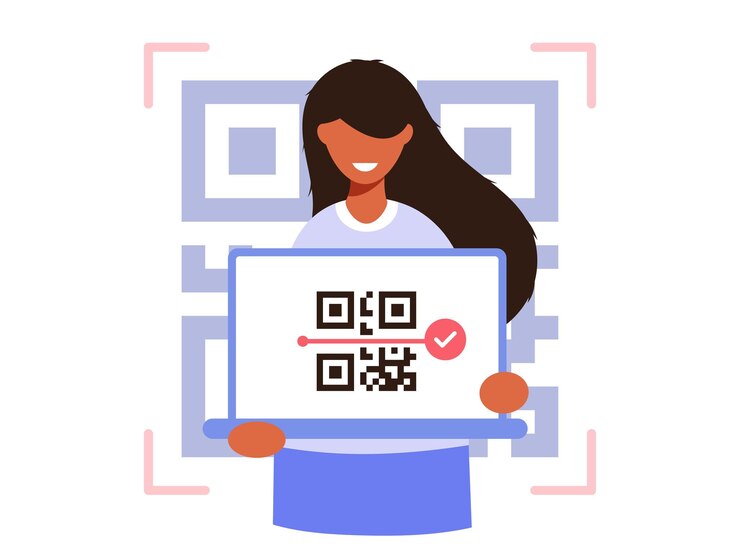 Vector qr code scanning vector illustration concept a girl holding a laptop with a qr code on the screen