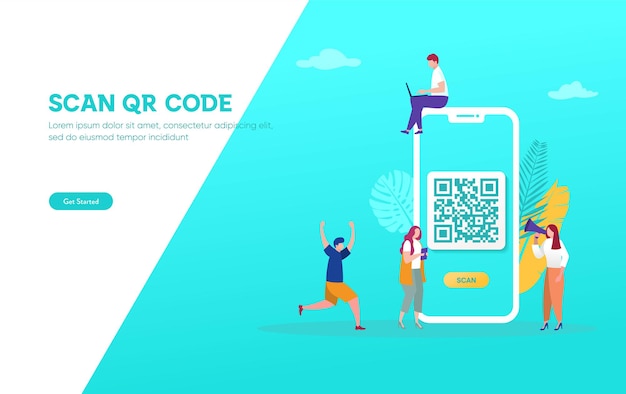 Concetto di illustrazione vettoriale di scansione del codice qr, le persone usano smartphone e scansionano il codice qr per il pagamento