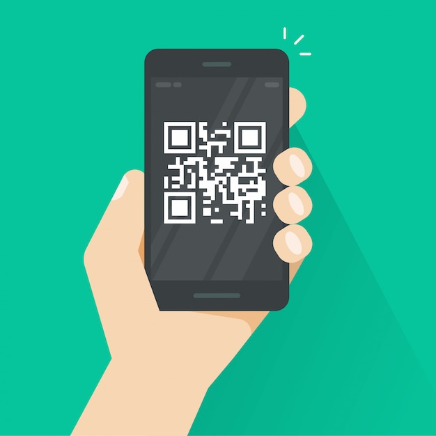 Vector qr code on smartphone or mobile phone screen  flat cartoon