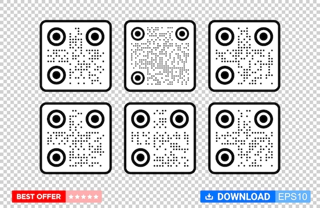 QR 코드 벡터 세트입니다. 다른 스타일은 템플릿을 스캔합니다. 스마트폰, 결제, 앱 스캔용 QR 코드.