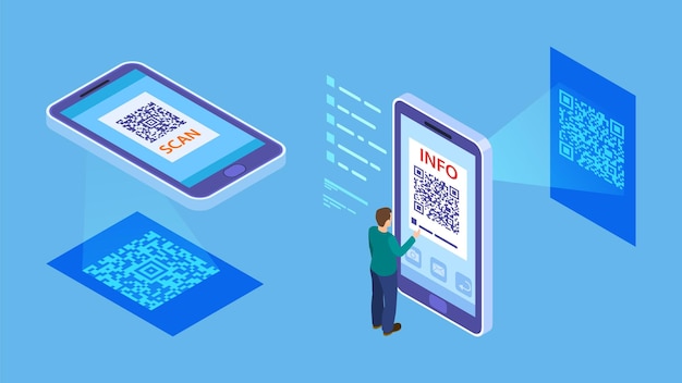 Проверка qr-кода. мобильное сканирование изометрического штрих-кода, покупатель производит оплату с помощью сканера телефона. информация qr-код векторные иллюстрации. сканер смартфона, qr isometric online