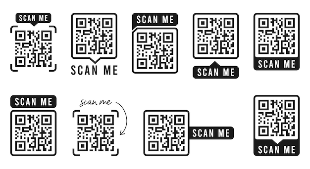 QR-codeset Sjabloon van frames met tekst scan mij en QR-code Snelle reactiecodes Vector