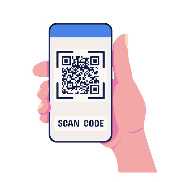 Qr scan code on mobile smartphone in hand screen payment app on device flat vector illustration