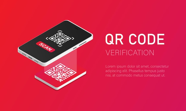 Qr-verificatie een mobiele telefoon met een scanner leest de qr-code in isometrische stijl