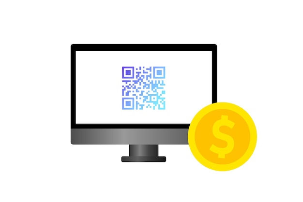 Qrcode op het monitor scherm Vlakke kleur dollar munt qr code op het monitor scherm Vector pictogram