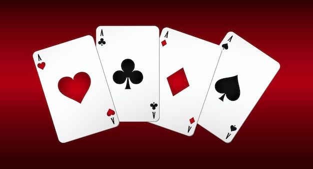 Quad aces card suits on dark red background poker and casino vector illustration