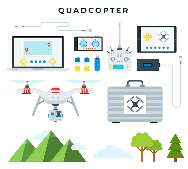 Quadcopter e tutti gli accessori isolati su bianco