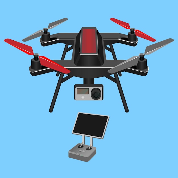 아래 비디오 카메라와 파란색 배경에 고립 된 어두운 화면 Quadrocopter. 4 개의 로터에 의해 들어 올려지고 추진되는 멀티 로터 어둡고 붉게 물든 헬리콥터의 그림.