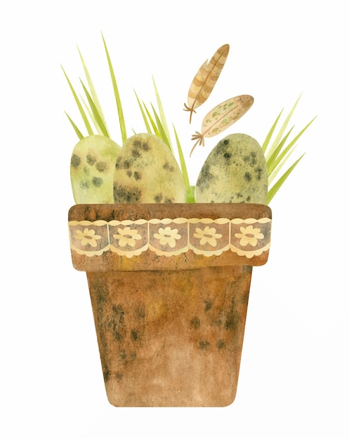 Перепелиные яйца и перья в глиняном горшке с винтажным кружевом. иллюстрация для эко-фермерских продуктов, открыток, плакатов, баннеров. акварельный клипарт с пасхальными яйцами, травой