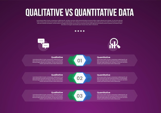qualitative vs quantitative data infographic outline style with 2 point comparison template with hexagon shape and transparent container as background for slide presentation