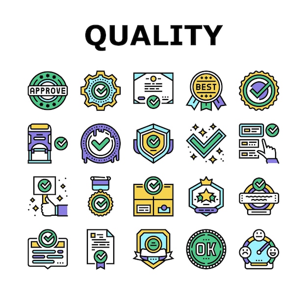 Quality Approve Mark And Medal Icons Set Vector