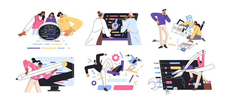 Vector 품질 보장 개념 세트: qa 엔지니어, 테스트, 오류 확인, 컴퓨터 소프트웨어 테스트, 코드 검토, 버그 수정, 백색 바탕에 고립된 터 일러스트레이션