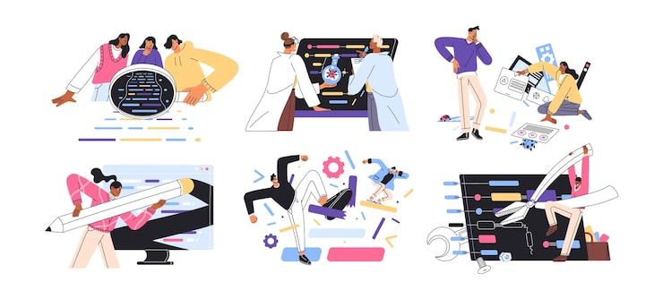 Vector quality assurance concept set qa engineers testers check errors mistakes testing computer software programmers do code review fix bugs flat isolated vector illustrations on white background